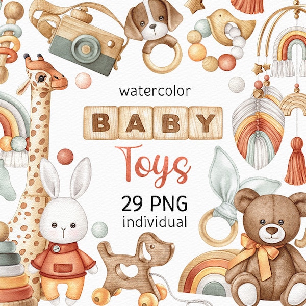 Acuarela bebé juguetes clipart Boho Baby Shower PNG recién nacido clipart pintado a mano lindos juguetes para niños PNG género neutro acuarela descarga digital