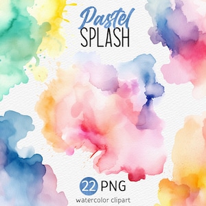 Pastello acquerello Splash Clipart PNG Bundle pennellate Clipart vernice colorata Splatter macchie astratte uso commerciale Download immediato