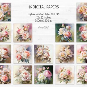 Watercolor Pale Rose Digital Paper Pack Pink and White Rose Printable ...