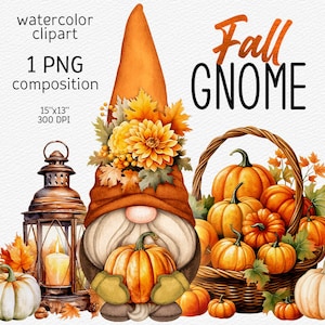 Otoño Gnomo PNG Diseño de sublimación Acción de Gracias Gnomo Otoño Gnomo clipart Lindo dibujado a mano acuarela Gnomo Calabaza PNG Otoño PNG descargar