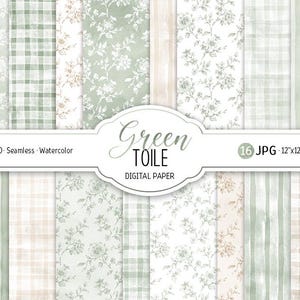 Può includere: Una collezione di sedici carte digitali con disegni ad acquerello. I motivi includono motivi floreali, a quadri e a righe in tonalità di verde e beige. Il testo sull'immagine recita "Green TOILE DIGITAL PAPER". Ogni carta misura 30,48 cm x 30,48 cm a 300 DPI.