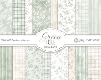 Grön Toile Akvarell Digitalt Papper Paket Salvia Boho Blommiga Sömlösa Mönster Bröllop Scrapbook Papper Vintage Barnrum Neutrala Ränder Gingham