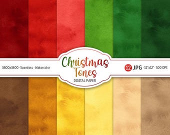 Watercolor Christmas Digital Paper Pack Holiday Hues Seamless Pattern Printable Scrapbooking Paper Christmas background tones decor texture