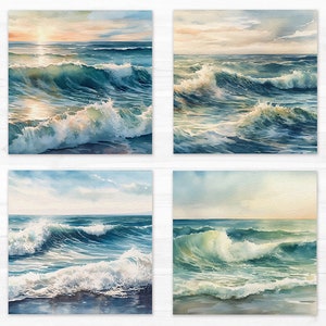 May include: Four watercolor paintings of ocean waves crashing on the shore. The paintings are in shades of blue, green, and white.