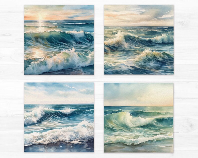 May include: Four watercolor paintings of ocean waves crashing on the shore. The paintings are in shades of blue, green, and white.