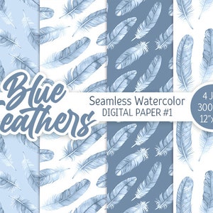 Plume bleu clair Aquarelle Digital Paper Pack Exotic Boho Seamless Pattern Boho Printable Fond de Pâques Baby shower boy texture
