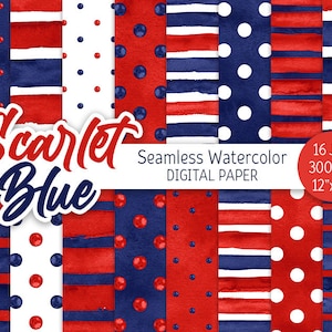 Rouge Bleu Digital Paper Pack Aquarelle Polka Dot Seamless Pattern Imprimable Scrapbooking Paper Stripes Indépendance patriotique 4 juillet