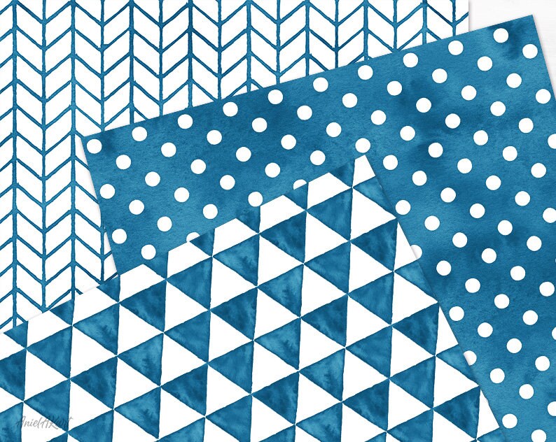 Prussian Blue Geometric Pattern Watercolor Seamless Digital Paper Pack ...
