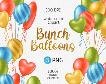 Watercolor Colorful Balloons Clipart Hand Painted Birthday Watercolor Balloons Clipart Set Party Celebration PNG commercial use graphics