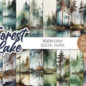 Acquerello Forest Lake Digital Paper Pack Foggy Wood Printable Scrapbooking Paper Pine Trees Summer Landscape sfondo download digitale
