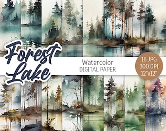 Watercolor Forest Lake Digital Paper Pack Foggy Wood Printable Scrapbooking Paper Pine Trees Summer Landscape background digital download