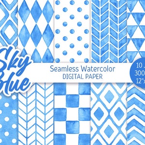 May include: Ten digital paper designs in blue and white featuring geometric patterns, including polka dots, diamonds, arrows, and triangles.  The text "Sky Blue Seamless Watercolor Digital Paper" is included in the image.