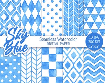 Könnte beinhalten: Zehn digitale Papierdesigns in Blau und Weiß mit geometrischen Mustern, darunter Punkte, Rauten, Pfeile und Dreiecke. Der Text "Sky Blue Seamless Watercolor Digital Paper" ist im Bild enthalten.