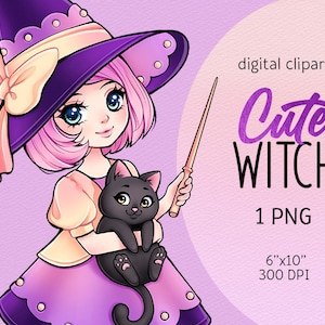 Halloween Clipart Mignon Petite Sorcière Illustration Numérique Dessin Animé PNG Fille Téléchargement Instantané Halloween Witch PNG clipart Utilisation commerciale