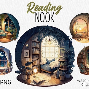 Watercolor Night Reading Nook Clipart Bundle Reading Corner PNG Bookshelf Book clipart Bookworm Cozy Interiour Commercial Digital download