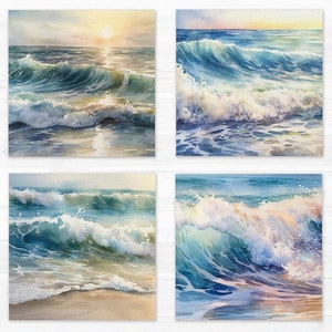 May include: Four watercolor paintings of ocean waves crashing on the shore. The paintings are all in shades of blue, green, and white, with a hint of yellow in the sky. The waves are crashing on a sandy beach, and the water is clear and sparkling.