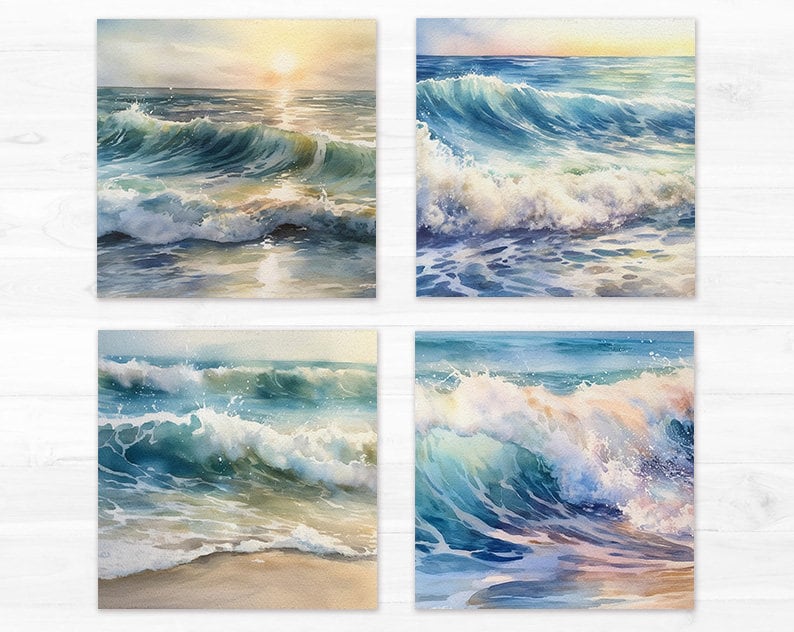 May include: Four watercolor paintings of ocean waves crashing on the shore. The paintings are all in shades of blue, green, and white, with a hint of yellow in the sky. The waves are crashing on a sandy beach, and the water is clear and sparkling.