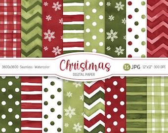May include: A set of 16 digital papers featuring Christmas themed patterns in red, green, and white. The patterns include polka dots, stripes, plaid, snowflakes, and chevron designs. The papers are 12 inches by 12 inches and 300 DPI.