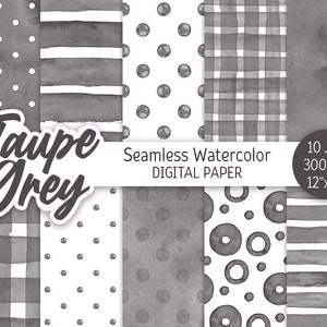 Gris foncé Sans couture Motif Aquarelle Polka Dot Gris Digital Paper Pack Imprimable Scrapbooking Papier Rayures texture Gris Gingham arrière-plan