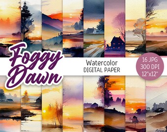 Watercolor Foggy Dawn Digital Paper Pack Sunrise Printable Scrapbooking Paper Sunset background Landscape Invitations download commercial