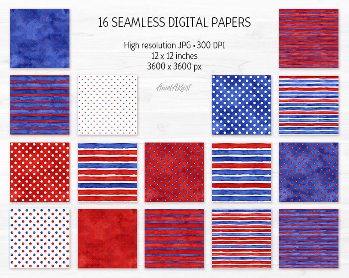 Red Blue Digital Paper Pack Watercolor Polka Dot Seamless Pattern ...