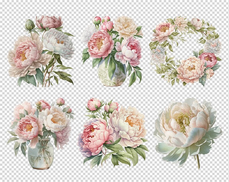 Watercolor Pink Peonies Clipart White Peony Bundle PNG Sublimation ...