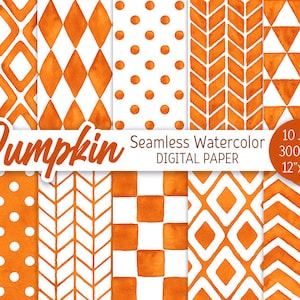 Kürbis Orange Geometrisches Muster Aquarell Nahtlos Digital Paper Pack Druckbare Polka Dot Chevron Hintergrund Raute Fischgrät Textur