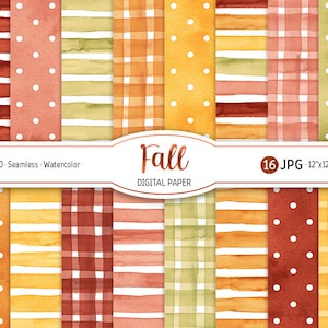 Aquarelle Automne Papier numérique Pack Confortable Automne Modèle sans couture Polka dot Imprimable Scrapbooking Papier Vichy fond Rayures texture
