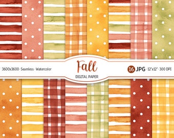 Watercolor Fall Digital Paper Pack Cozy Autumn Seamless Pattern Polka dot Printable Scrapbooking Paper Gingham background Stripes texture
