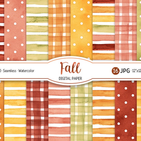 Watercolor Fall Digital Paper Pack Cozy Autumn Seamless Pattern Polka dot Printable Scrapbooking Paper Gingham background Stripes texture