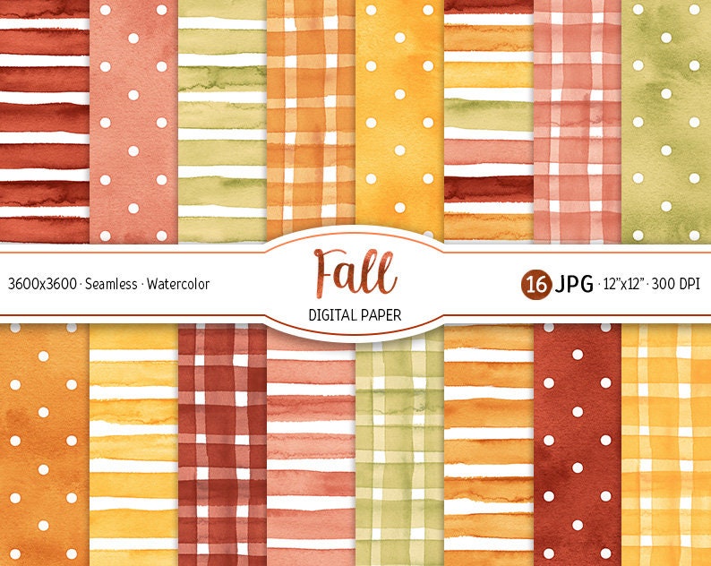 Watercolor Fall Digital Paper Pack Cozy Autumn Seamless Pattern Polka ...