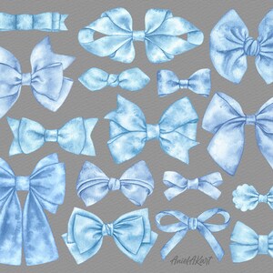 May include: A collection of 16 watercolor illustrations of blue bows in various styles and sizes. The bows are painted on a light gray background.