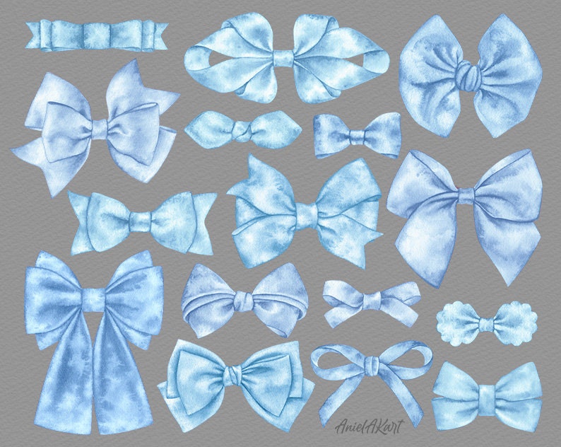 May include: A collection of 16 watercolor illustrations of blue bows in various styles and sizes. The bows are painted on a light gray background.