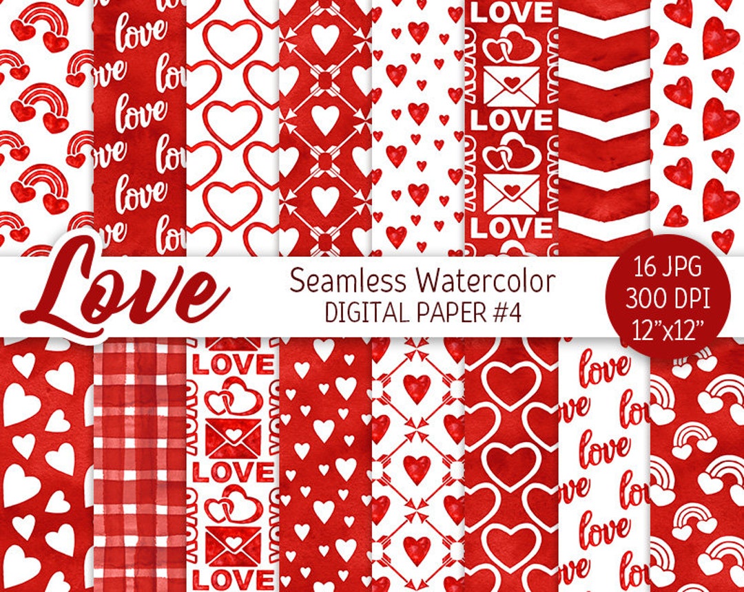 Red & White Valentine Day Digital Paper Pack Watercolor Love Seamless ...