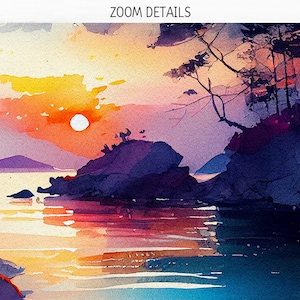 May include: Watercolor painting of a sunset over a body of water with a silhouette of trees and rocks in the foreground. The sky is a vibrant orange and yellow, with purple and blue hues in the water.