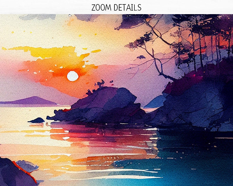 May include: Watercolor painting of a sunset over a body of water with a silhouette of trees and rocks in the foreground. The sky is a vibrant orange and yellow, with purple and blue hues in the water.