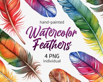 Watercolor Feather Clipart Exotic Boho Set Hand painted Bohemian clip art Digital Scrapbooking set Wedding invitation PNG commercial use