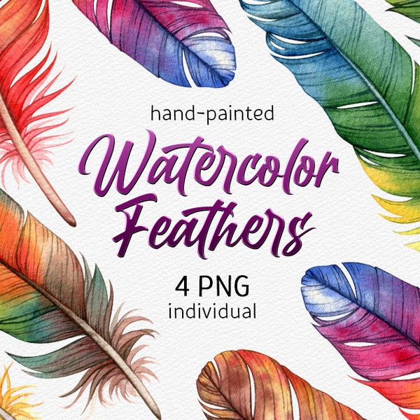 Watercolor Feather Clipart Exotic Boho Set Hand painted Bohemian clip art Digital Scrapbooking set Wedding invitation PNG commercial use