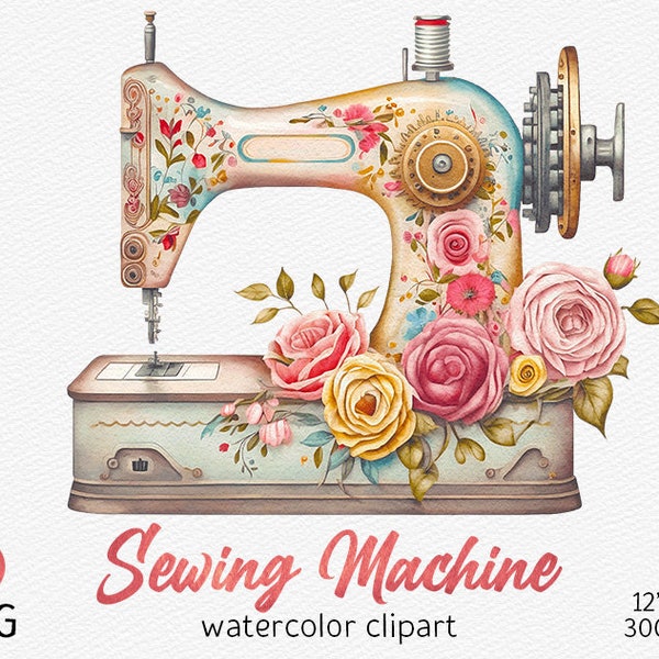 Aquarelle Machine à coudre clipart vintage Floral Machine à coudre PNG couture Sublimation Fantasy clipart bricolage téléchargement numérique usage Commercial