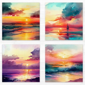 May include: Four watercolor paintings depicting seascapes with sunsets. Each painting features a different color palette and composition, with varying shades of blue, orange, pink, and purple. The paintings capture the beauty of the ocean at sunset, with waves crashing on the shore and the sun setting on the horizon.