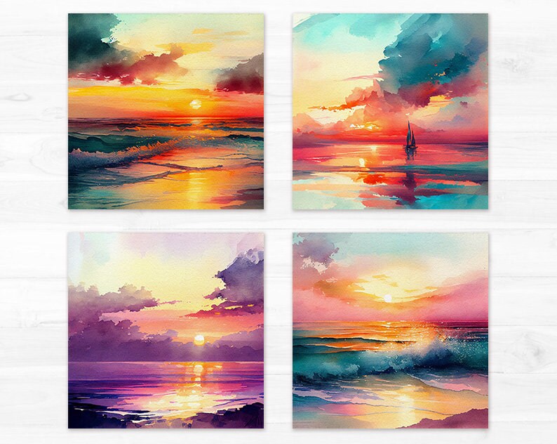 May include: Four watercolor paintings depicting seascapes with sunsets. Each painting features a different color palette and composition, with varying shades of blue, orange, pink, and purple. The paintings capture the beauty of the ocean at sunset, with waves crashing on the shore and the sun setting on the horizon.