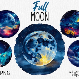 Watercolor Full Moon Clipart Bundle Magic Starry Night PNG Cozy aesthetic Fantasy Landscape PNG Mystic Moon PNG Night Sky Instant Download