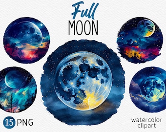 Watercolor Full Moon Clipart Bundle Magic Starry Night PNG Cozy aesthetic Fantasy Landscape PNG Mystic Moon PNG Night Sky Instant Download