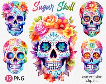 Sugar Skull Clipart Acuarela Flor Calaveras PNG paquete Día de Muertos Dia de Los Muertos Calavera Clip Art Instant Download Uso comercial