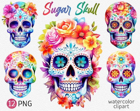 Sugar Skull Clipart Watercolor Flower Skulls PNG bundle Day of the Dead Dia de Los Muertos Calavera Clip Art Instant Download Commercial use
