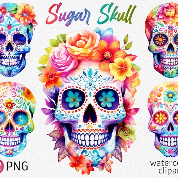 Sugar Skull Clipart Watercolor Flower Skulls PNG bundle Day of the Dead Dia de Los Muertos Calavera Clip Art Instant Download Commercial use