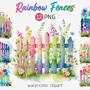 Aquarell Garten Zaun Clipart Frühling Blumen PNG Scrapbooking Clipart Bundle PNG Niedliche Regenbogen Frühlingsblumen PNG download kommerzielle Nutzung