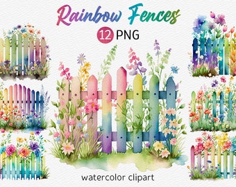 Watercolor Garden Fence Clipart Spring Floral PNG Scrapbooking clipart bundle PNG Cute Rainbow Spring flowers PNG download commercial use