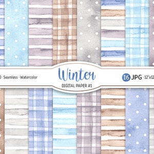 Pacchetto di carta digitale invernale per acquerello Tonalità invernali senza cuciture Modello a pois Carta stampabile per scrapbooking Sfondo a quadretti Trama di strisce