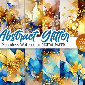 Hellblau und Gold Digital Paper Pack Aquarell Abstraktes Nahtloses Muster Glitzer druckbares Scrapbooking Papier Gold Hintergrund Schimmer